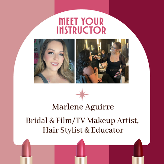 Promotional image featuring the makeup artist for the Lip Studio Experience event set against a multi-shade pink background