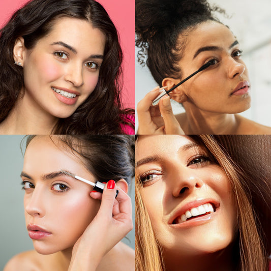 Collage of 4 women applying makeup with close-up shots on various backgrounds.