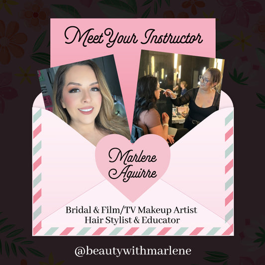 Promotional graphic for Marlene Aguirre, a makeup artist and educator, with a pink envelope design.