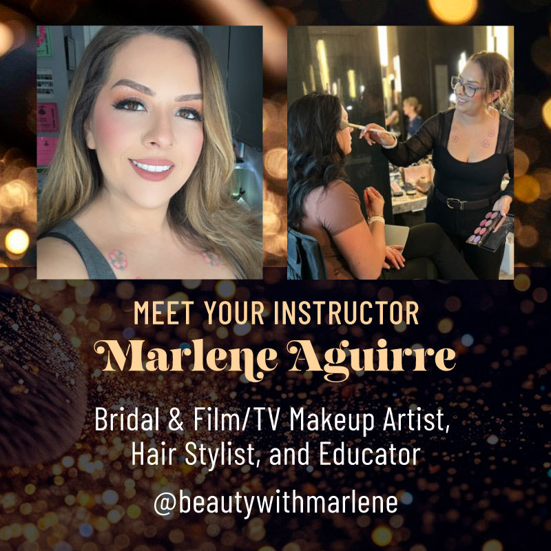 Promotional graphic for Golden Hour Glow makeup class for Marlene Aguirre, a makeup artist and educator, with a blurred background.
