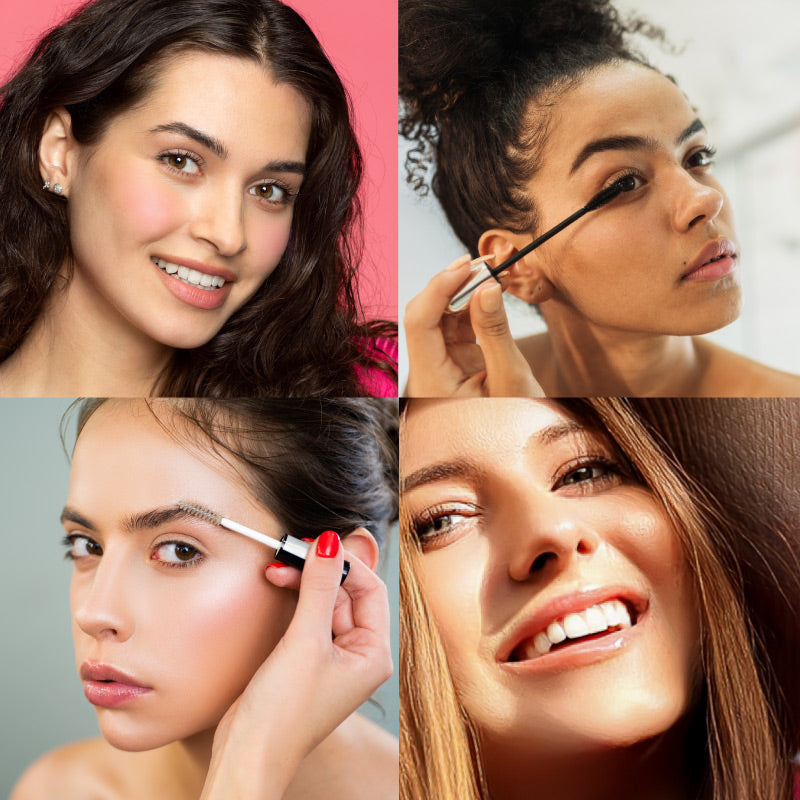 Collage of 4 women applying makeup with close-up shots on various backgrounds.