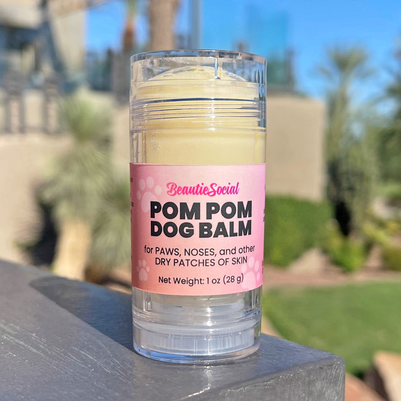A clear plastic tube of BeautieSocial Pom Pom Dog Balm with a pink label, sitting on a gray stone surface with a blurred outdoor background of greenery and buildings.