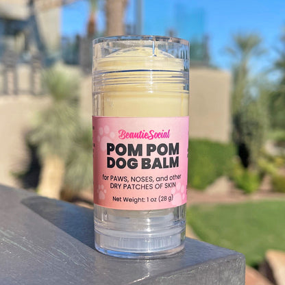 A clear plastic tube of BeautieSocial Pom Pom Dog Balm with a pink label, sitting on a gray stone surface with a blurred outdoor background of greenery and buildings.
