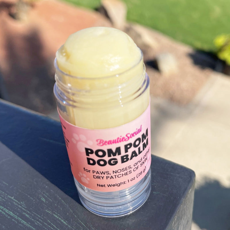 A clear plastic open tube of BeautieSocial Pom Pom Dog Balm with a pink label, filled with pale yellow paw balm, sitting on a dark surface outdoors.