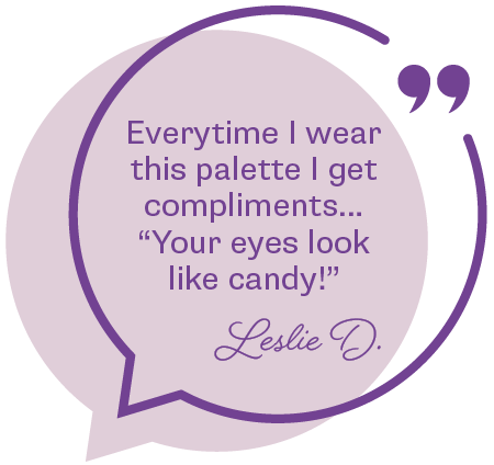 Purple speech bubble customer quote with text that states: Everytime I wear this palette I get compliments... “Your eyes look like candy!”